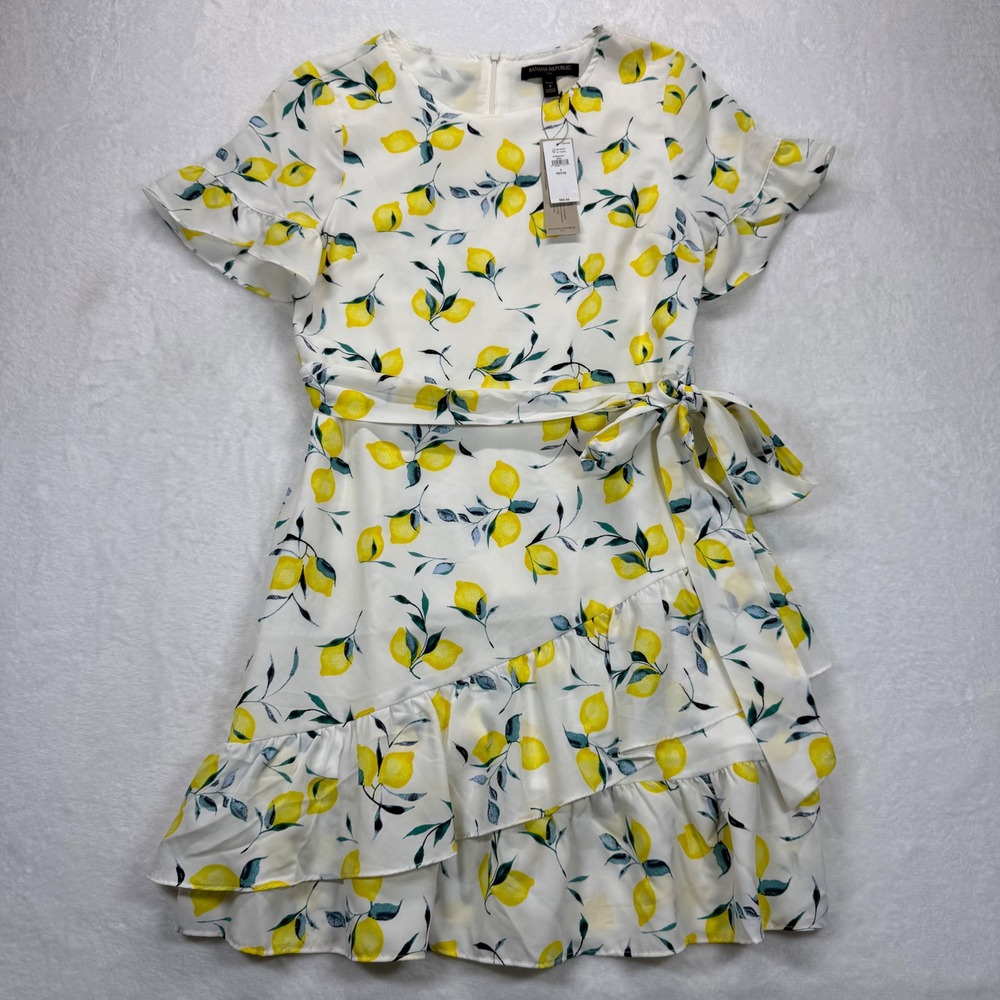 Banana Republic Lemon Print Ruffle Wrap Dress‎ Summer Casual Petite Size 4